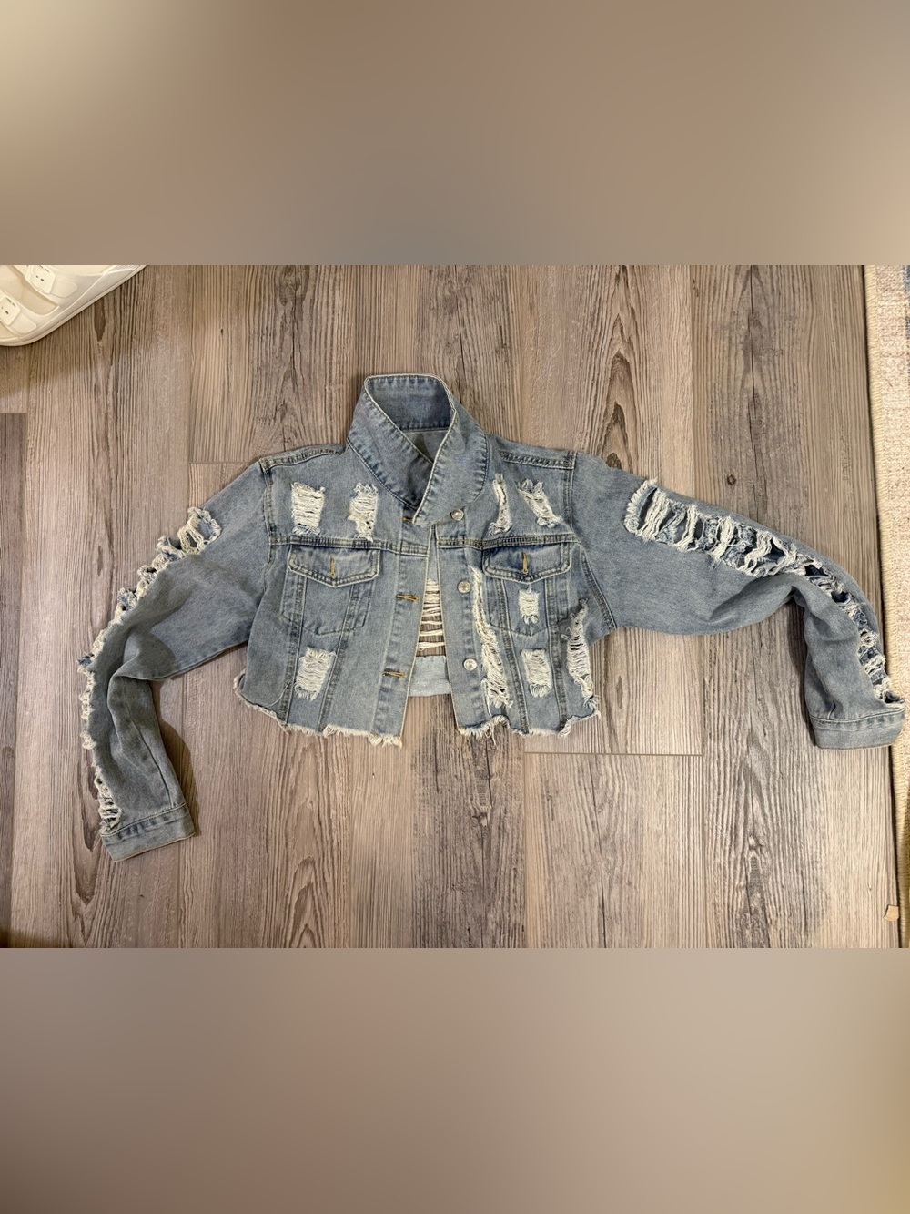 SHEIN Distressed Light Blue Cropped Denim Jacket